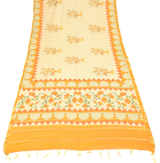 Sushila Vintage Yellow Dupatta Hand Block Printed Pure Cotton Silk Long Stole Veil