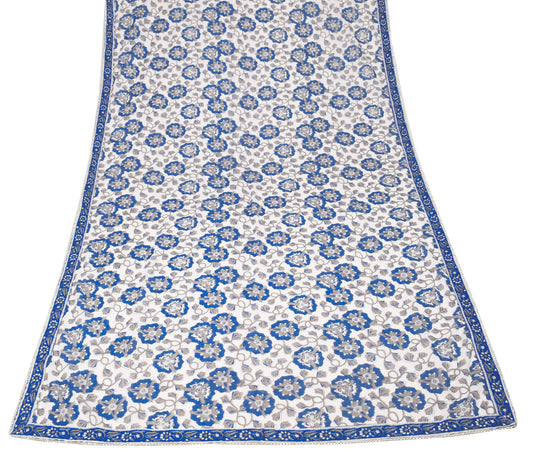 Sushila Vintage White Blue Dupatta Pure Cotton Hand Block Printed Long Stole