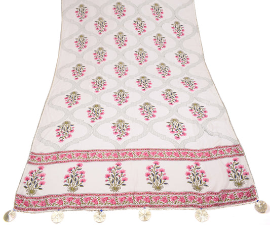 Sushila Vintage Pure Cotton Dupatta Floral White Hand Block Printed Soft Long Stole