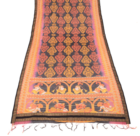 Sushila Vintage Black Hand Printed Dupatta Pure Cotton Silk Long Stole Wrap