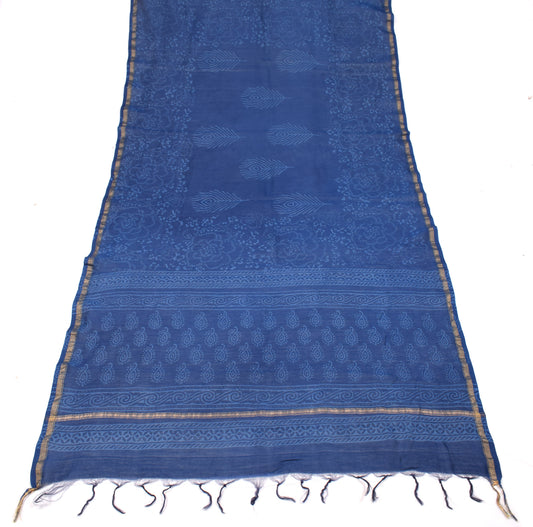 Sushila Vintage Indigo Dupatta Pure Cotton Silk Hand Block Long Stole Wrap