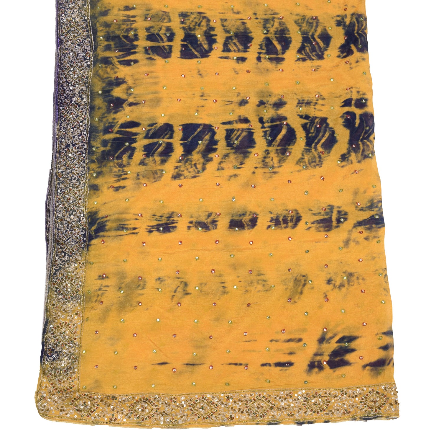 Sushila Vintage Mustard Tie-Dye Dupatta Pure Chiffon Glass Embellish Long Stole