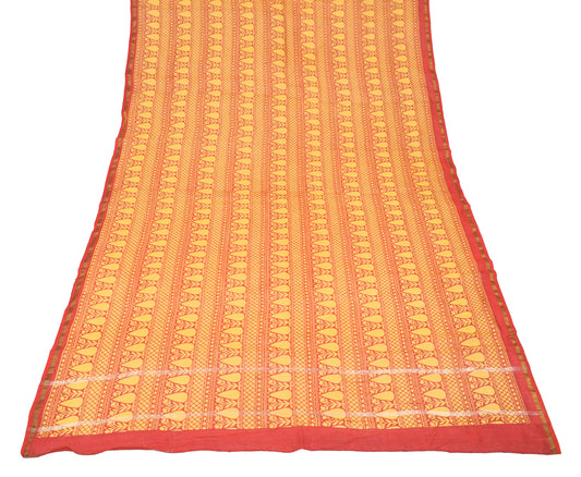 Sushila Vintage Red Yellow Dupatta Pure Cotton Silk Hand Block Long Stole