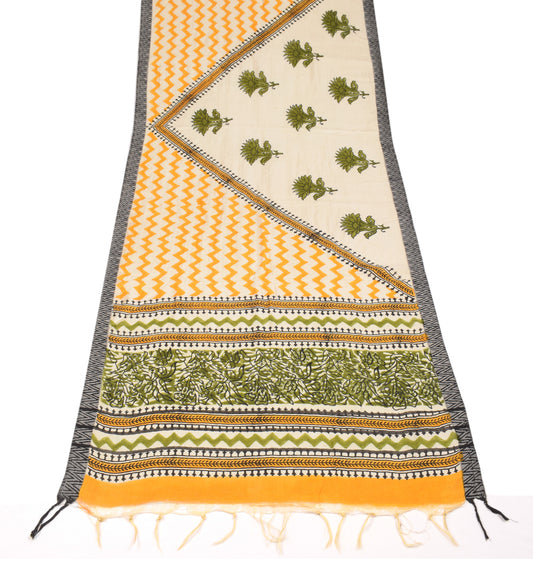 Sushila Vintage Pure Woolen Dupatta Hand Block Printed Cream Soft Long Stole