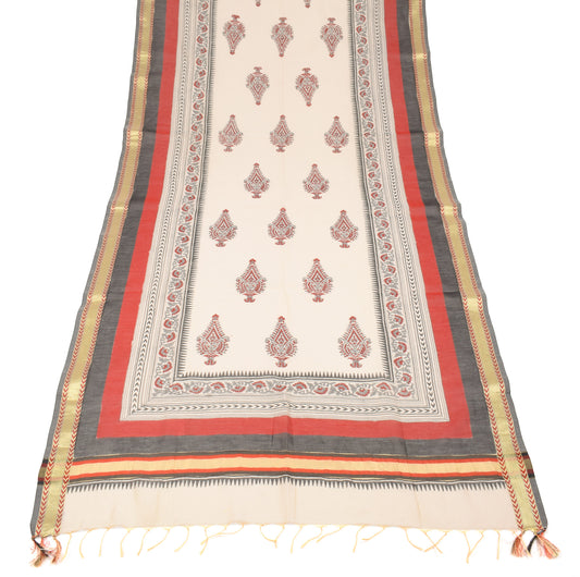Sushila Vintage Beige Hand Block Dupatta Pure Cotton Silk Woven Long Stole