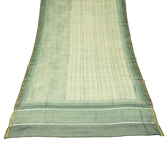 Sushila Vintage Cream Green Dupatta Hand Block Pure Cotton Silk Long Stole