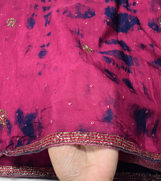 Sushila Vintage Tie-Dye Magenta Dupatta Pure Chiffon Glass Beads Embellish Long Stole