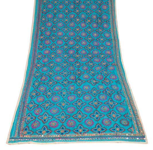 Sushila Vintage Teal Heavy Dupatta Art Cotton Silk Handmade Embroidered OOAK Long Stole