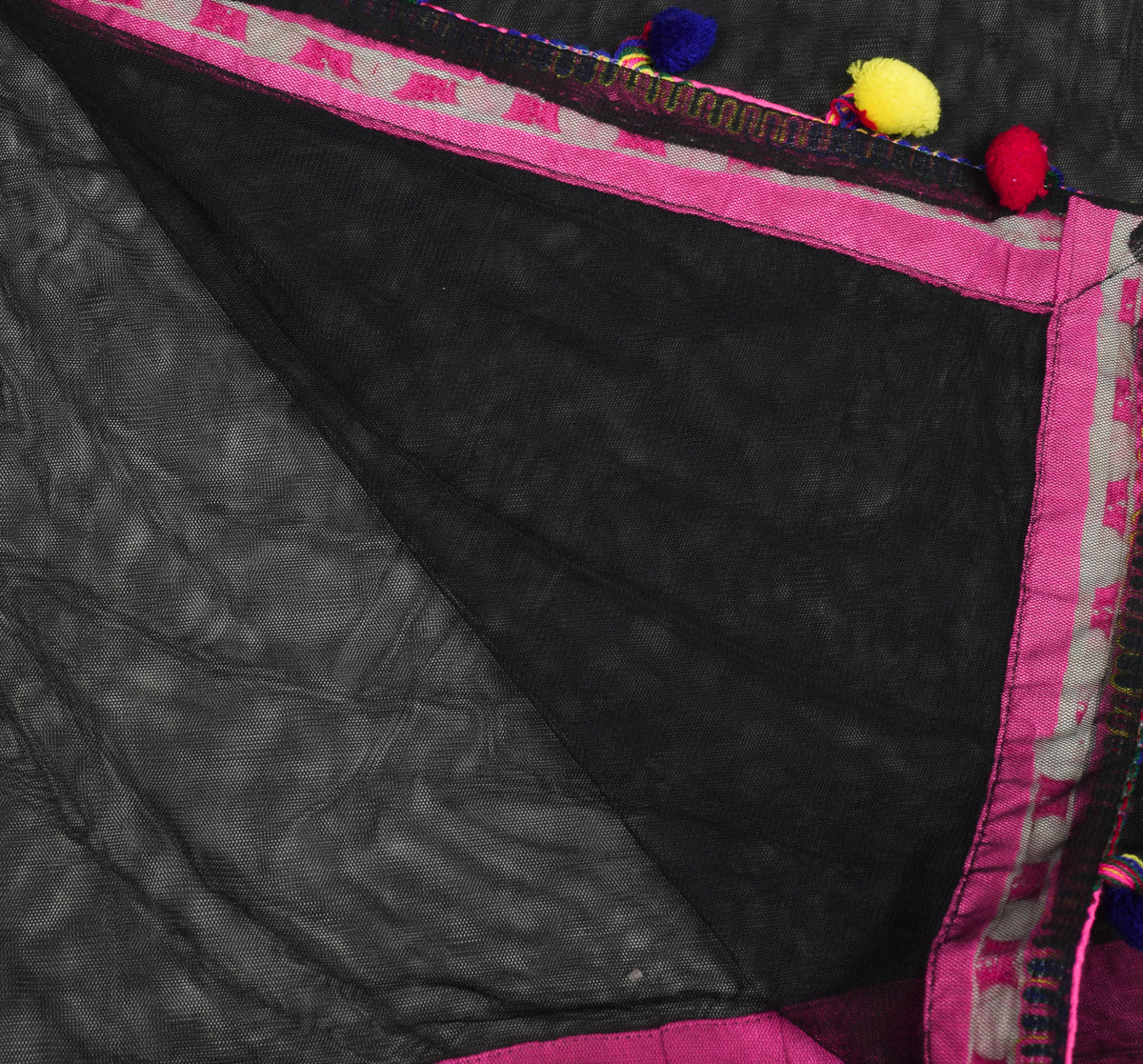 Sushila Vintage Black Net Dupatta with Magenta Pom Pom Border Long Stole Veil