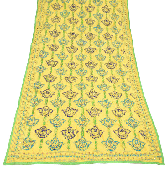 Sushila Vintage Yellow Dupatta Art Silk Handmade Floral Phulkari OOAK Long Stole