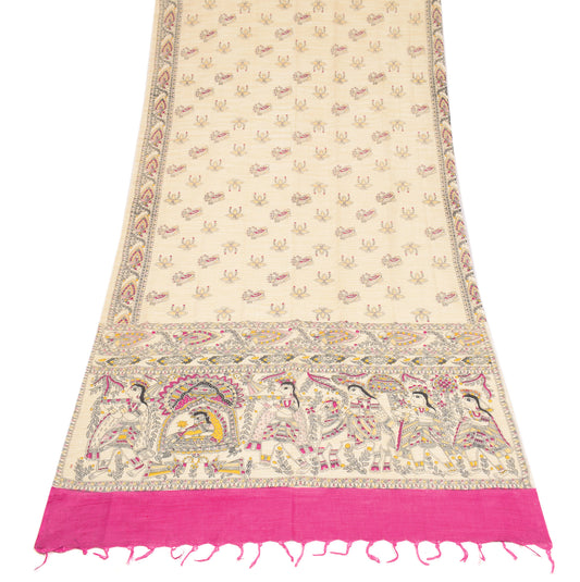 Sushila Vintage Cream Dupatta Pure Cotton Madhubani Printed Long Stole Veil