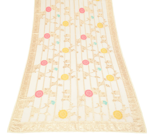 Sushila Vintage Floral Cream Dupatta Silk Zari Woven Banarasi Long Stole