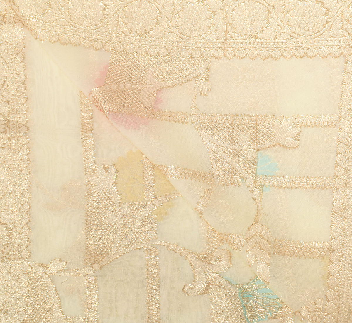Sushila Vintage Floral Cream Dupatta Silk Zari Woven Banarasi Long Stole