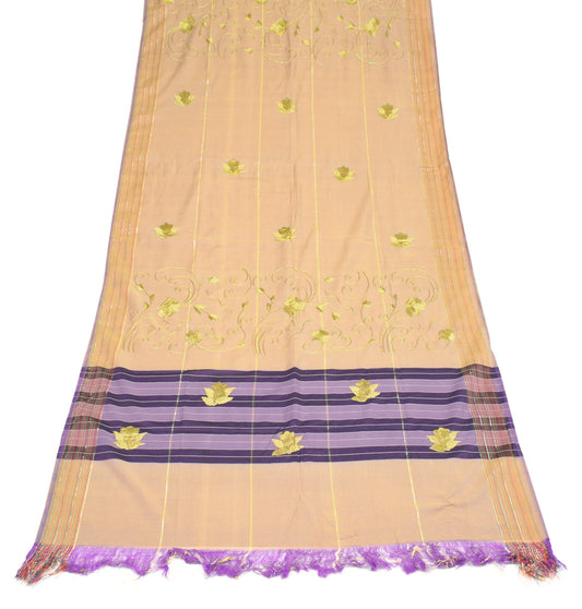 Sushila Vintage Beige Purple Dupatta Art Cotton Hand Embroidered Long Stole