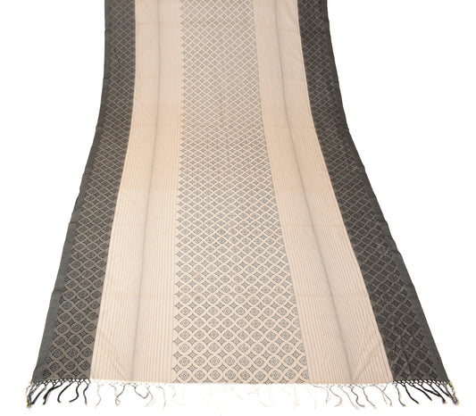 Sushila Vintage Beige Black Dupatta Pure Cotton Silk Woven Long Stole