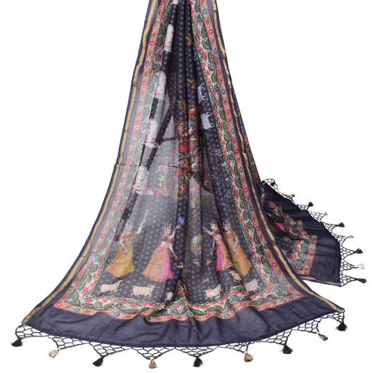 Sushila Vintage Indian Pichwai Dupatta Printed Pure Cotton Silk Blue Long Stole