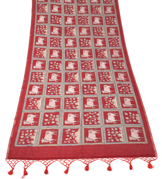 Sushila Vintage Red Pichwai Dupatta Printed Pure Cotton Silk Printed Long Stole Wrap