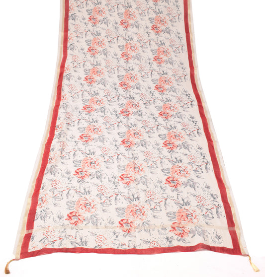 Sushila Vintage Cream Dupatta Printed Floral Pure Cotton Silk Long Stole Hijab