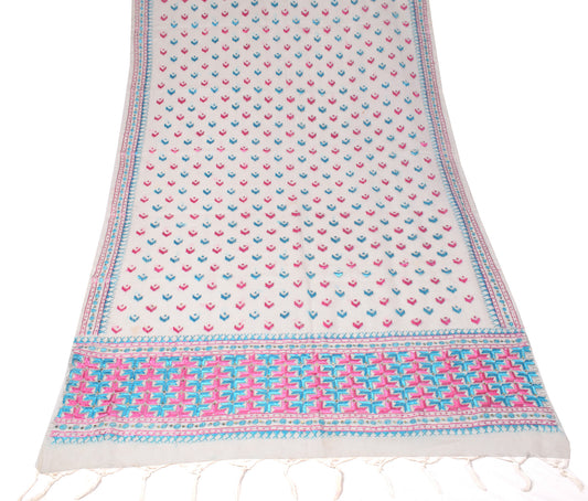 Sushila Vintage White Dupatta Kota Doria Silk Hand Embroidered Phulkari Long Stole