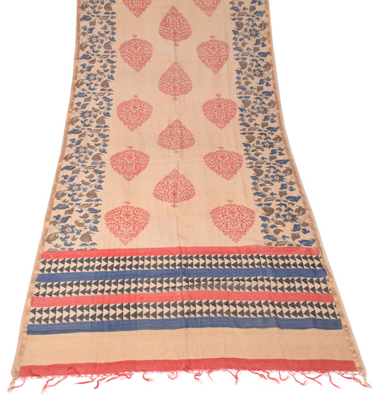 Sushila Vintage Light Brown Dupatta Printed Kalamkari Pure Cotton Silk Long Stole