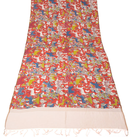 Sushila Vintage Red Kalamkari Dupatta Printed Pure Cotton Silk Long Stole Wrap