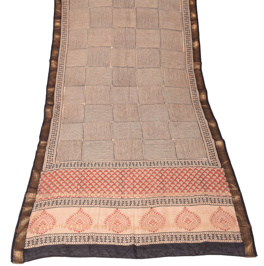 Sushila Vintage Beige Block Print Dupatta Pure Cotton Silk Long Stole Wrap Hijab