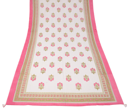 Sushila Vintage White Pink Dupatta Printed Hand Block Pure Cotton Long Stole