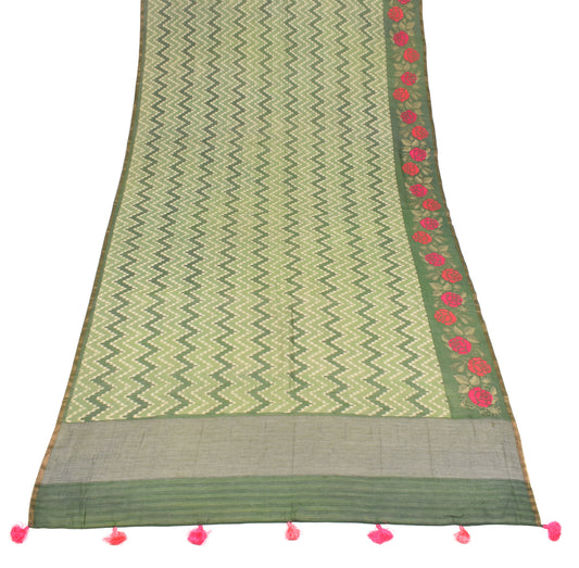 Sushila Vintage Pure Cotton Silk Dupatta Printed Zig Zag Green Long Stole Wrap