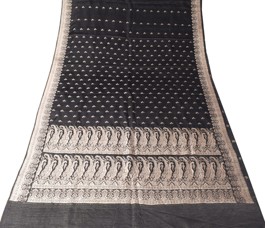 Sushila Vintage Black Heavy Saree Pure Satin Silk Banarasi Brocade Sari Fabric