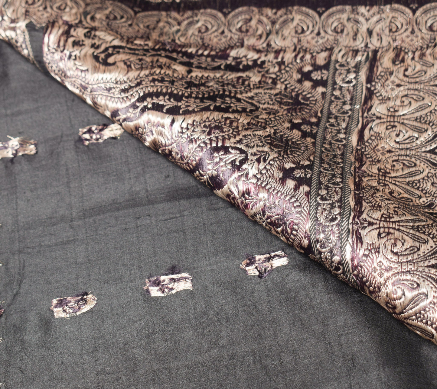 Sushila Vintage Black Heavy Saree Pure Satin Silk Banarasi Brocade Sari Fabric