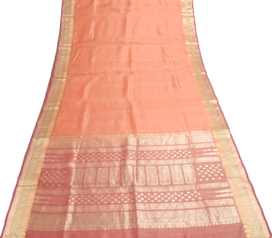 Sushila Vintage Peach Scrap Saree 100% Pure Silk Zari Woven Sari Craft Fabric
