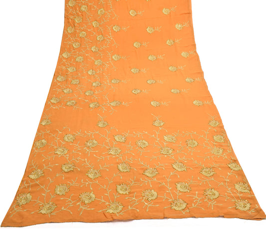 Sushila Vintage Orange Scrap Saree Pure Georgette Zari Embroidered Sari Fabric