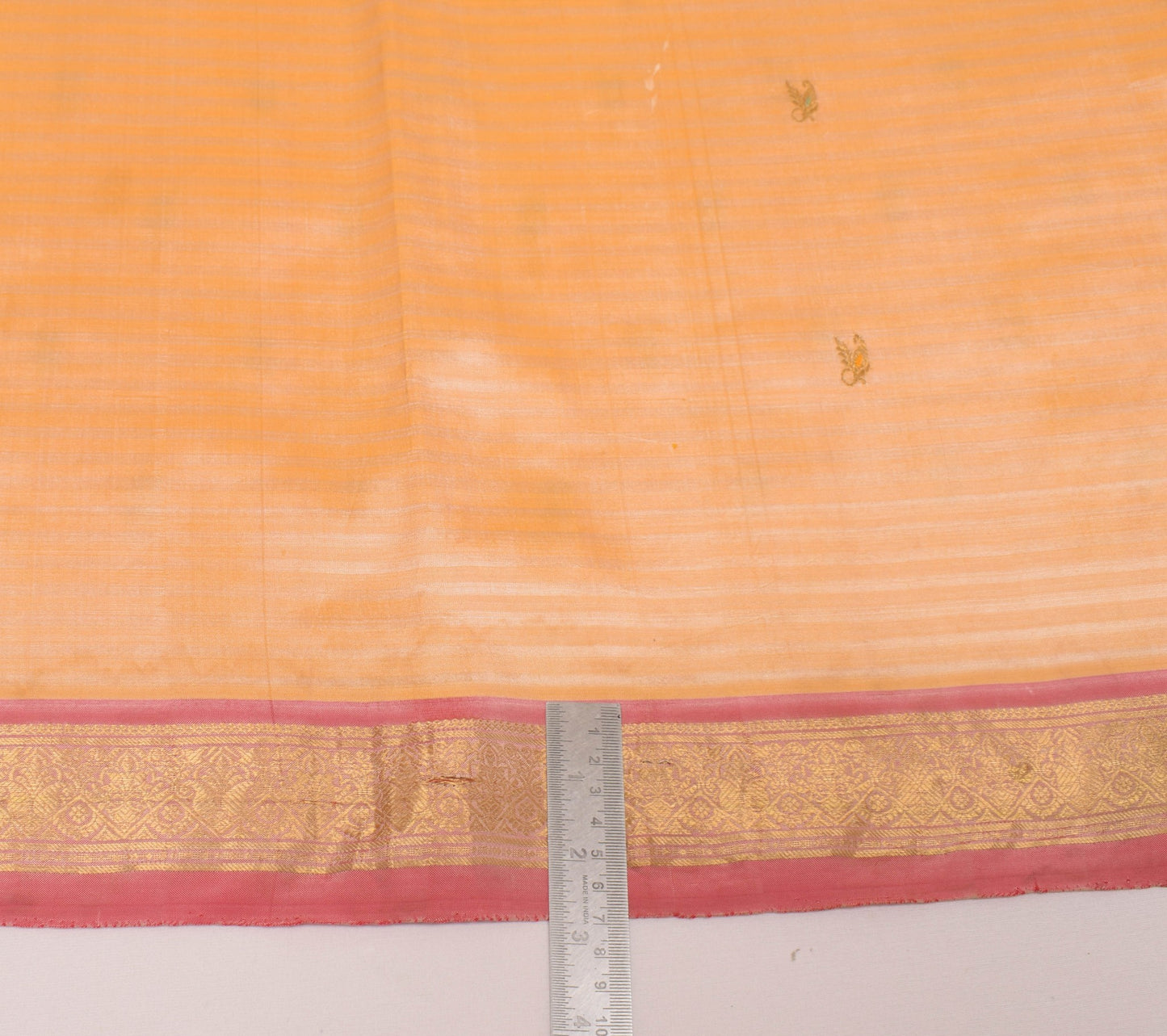 Sushila Vintage Yellow Scrap Saree 100% Pure Silk Stripes Zari Work Sari Fabric