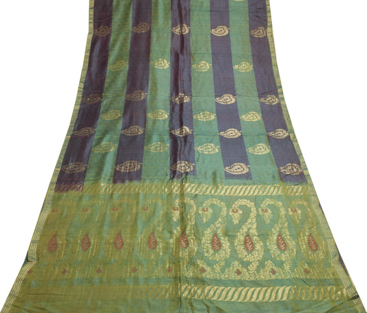 Sushila Vintage Pure Silk Scrap Saree Maroon Green Woven 5 Yds Sari Craft Fabric