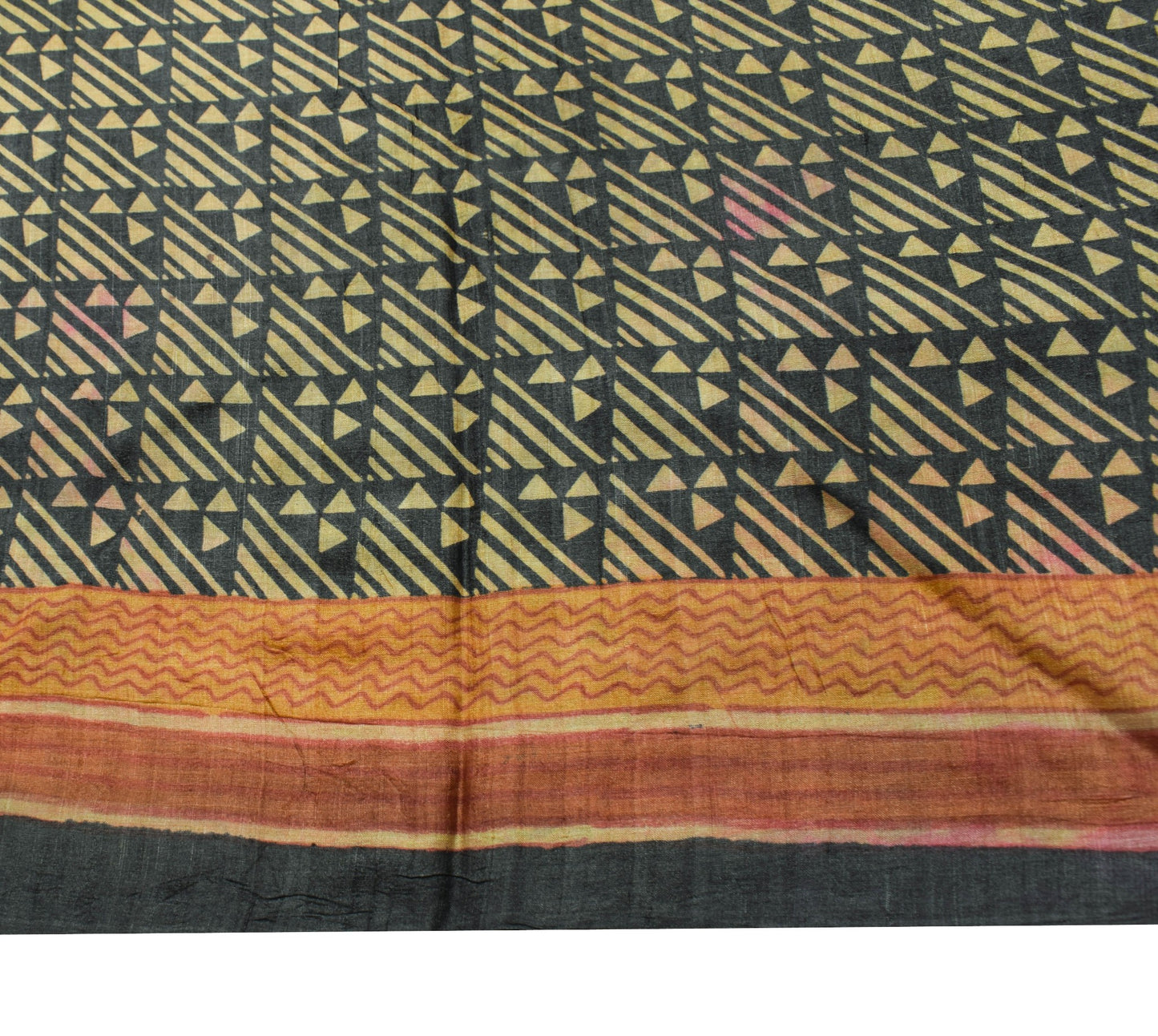 Sushila Vintage Black Scrap Saree 100% Pure Silk Hand Block Printed Sari Fabric