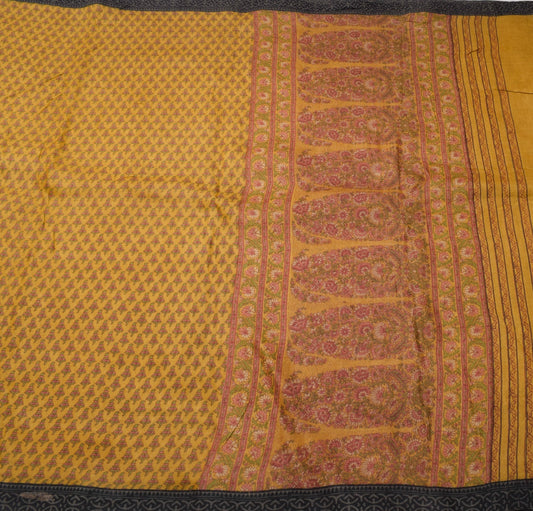 Sushila Vintage Pure Woolen Scrap Saree Woven BRANDED Mustard Sari Craft Fabric