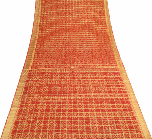 Sushila Vintage Red Scrap Saree Bandhani Printed & Woven Pure Cotton Sari Fabric