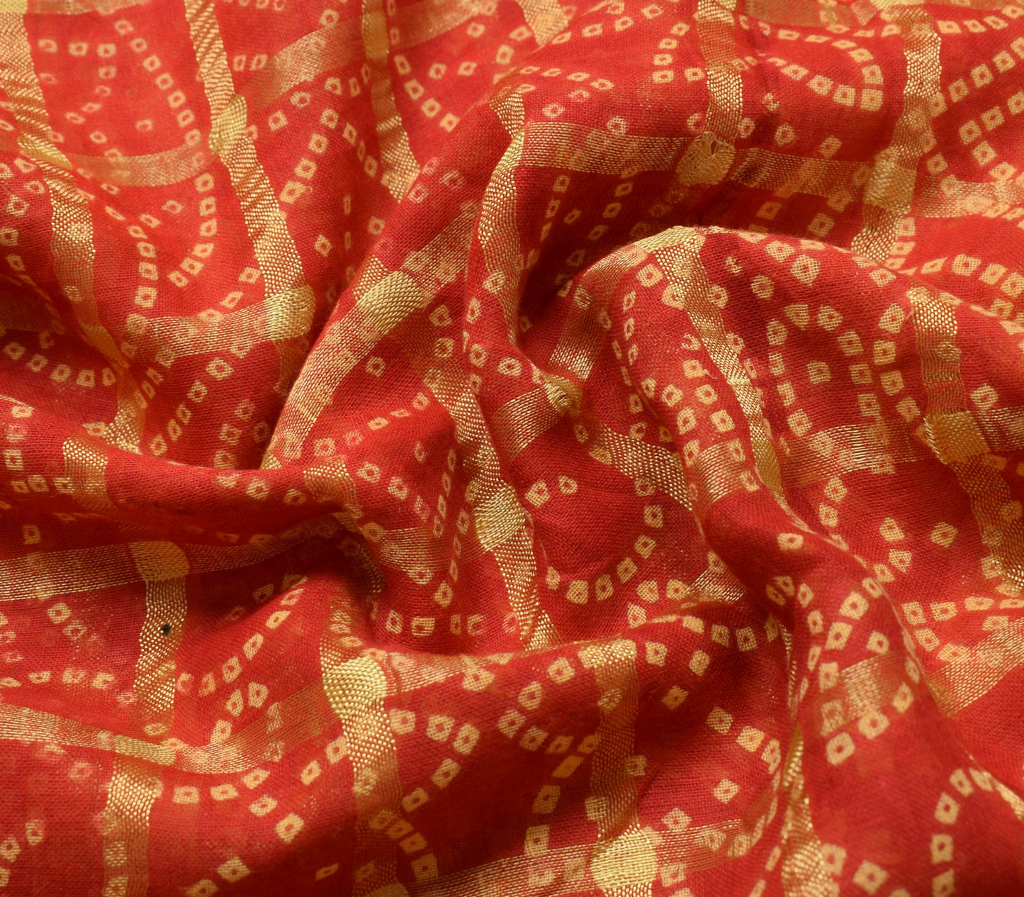 Sushila Vintage Red Scrap Saree Bandhani Printed & Woven Pure Cotton Sari Fabric