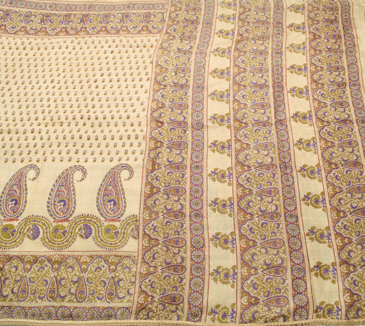 Sushila Vintage Brown Scrap Saree Pure Tussar Silk HandBlock Printed Sari Fabric