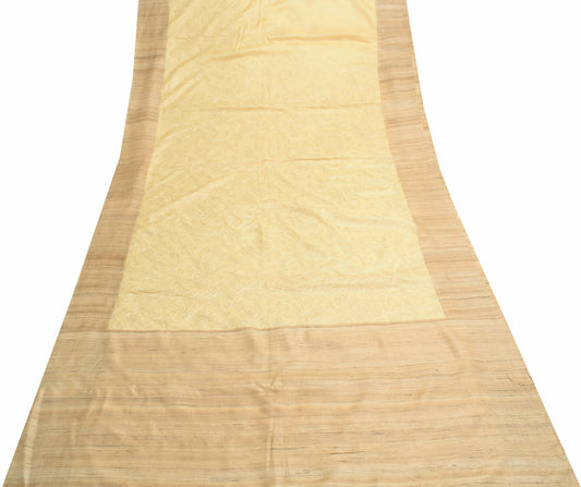 Sushila Vintage Pure Khadi Scrap Saree Cream Embroidered Premium Sari Fabric
