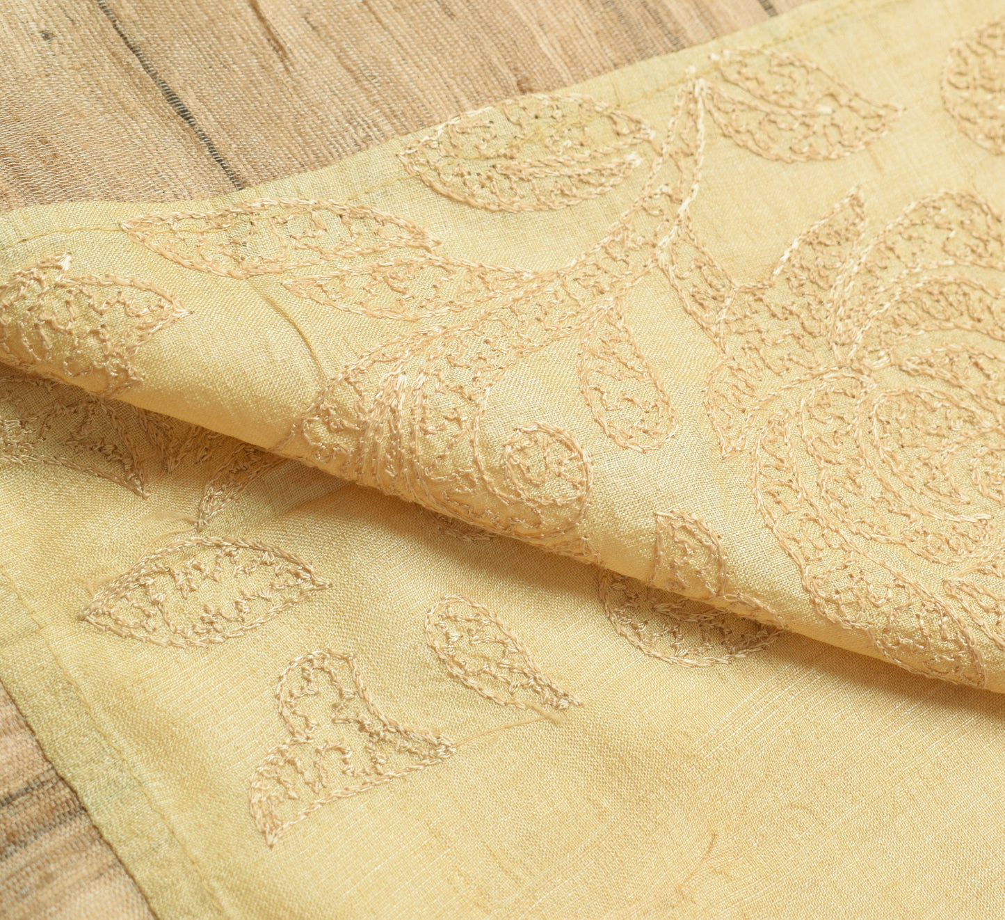 Sushila Vintage Pure Khadi Scrap Saree Cream Embroidered Premium Sari Fabric