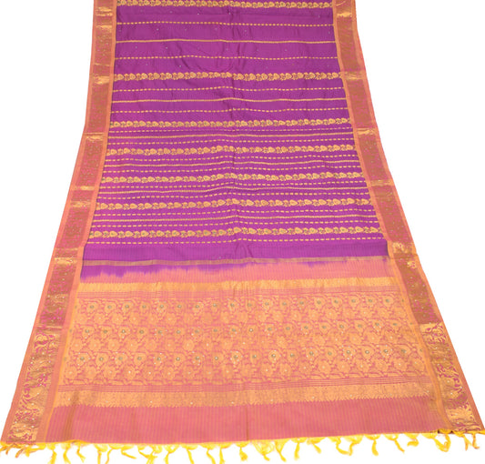 Sushila Vintage Purple Heavy Saree 100% Pure Silk Zari Woven Brocade Scrap Sari