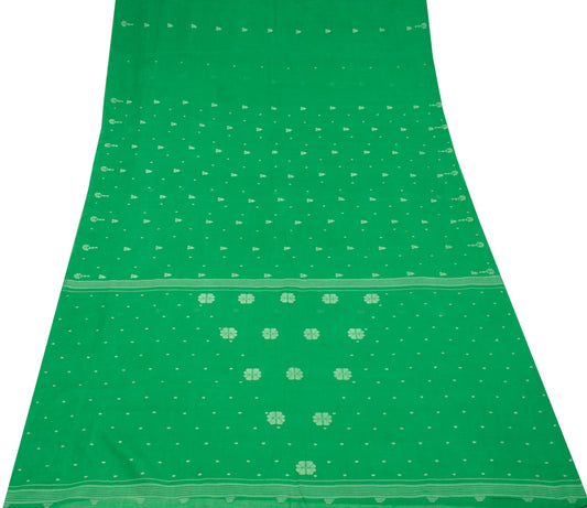 Sushila Vintage Green Scrap Saree Pure Cotton Tant Woven Bengal Sari 5YD Fabric