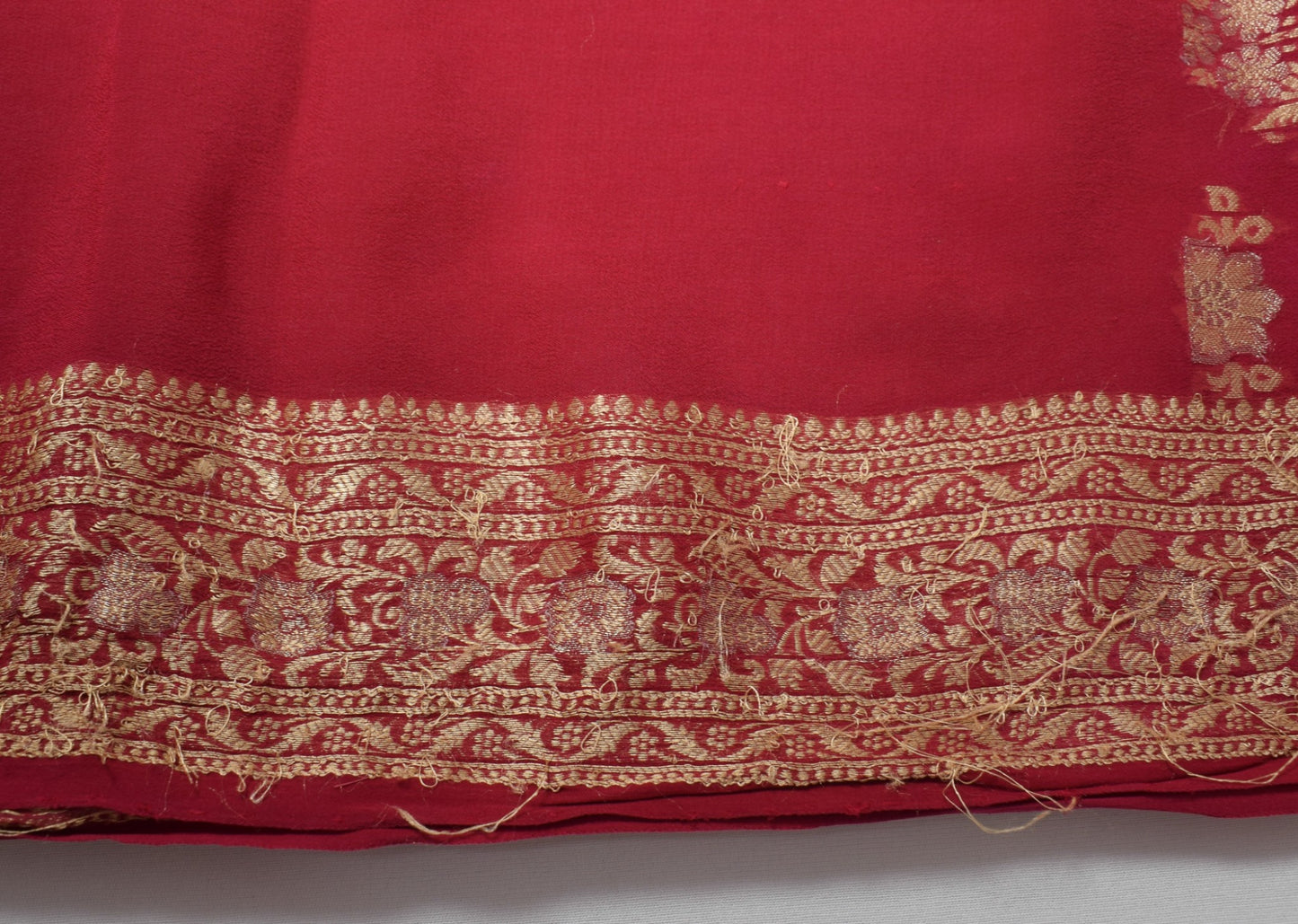 Sushila Vintage Pure Chiffon Scrap Saree Red Wedding Woven Remnant Sari Fabric