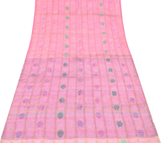 Sushila Vintage Pink Scrap Saree 100% Pure Silk Printed & Tant Woven Sari Fabric