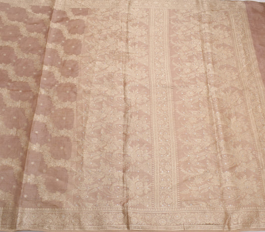Sushila Vintage Nude Pink Scrap Saree Pure Tussar Silk Floral Woven Sari Fabric