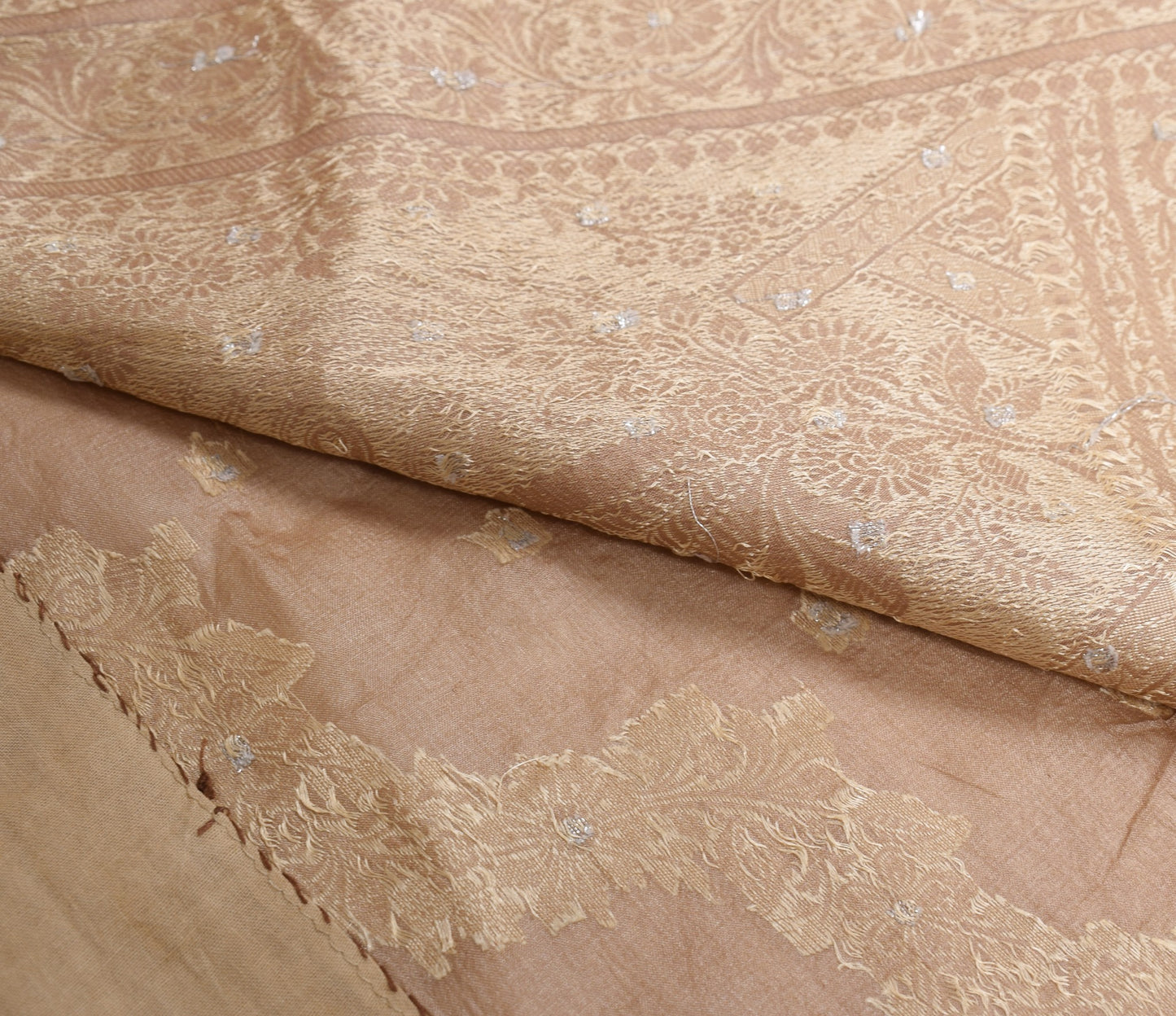 Sushila Vintage Nude Pink Scrap Saree Pure Tussar Silk Floral Woven Sari Fabric