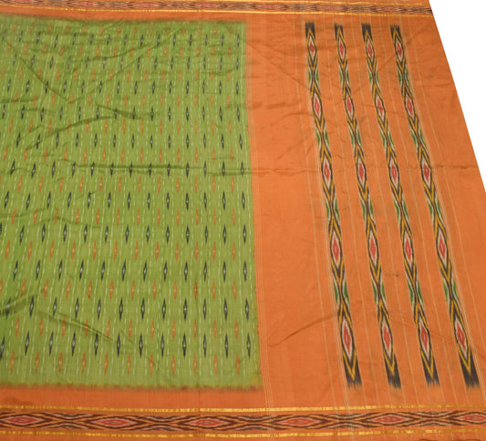 Sushila Vintage Green Scrap Saree Ikat Patola Pure Silk Hand Woven Sari Fabric