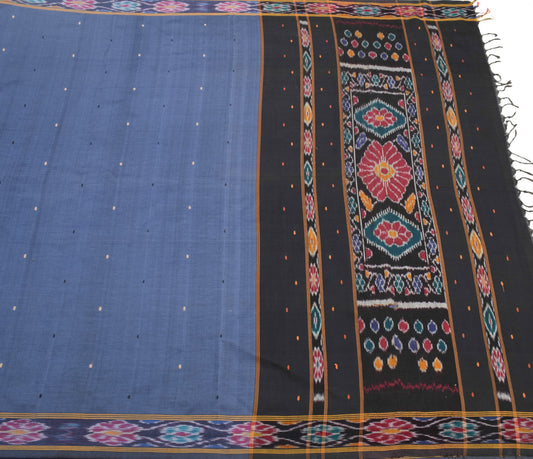 Sushila Vintage Blue Scrap Saree Pure Cotton Silk Hand Woven Ikat Sari Fabric