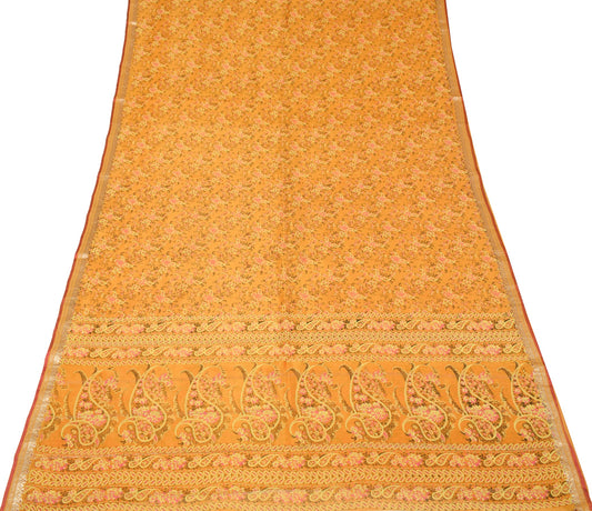 Sushila Vintage Mustard Scrap Saree Pure Mulberry Silk Printed Woven Sari Fabric